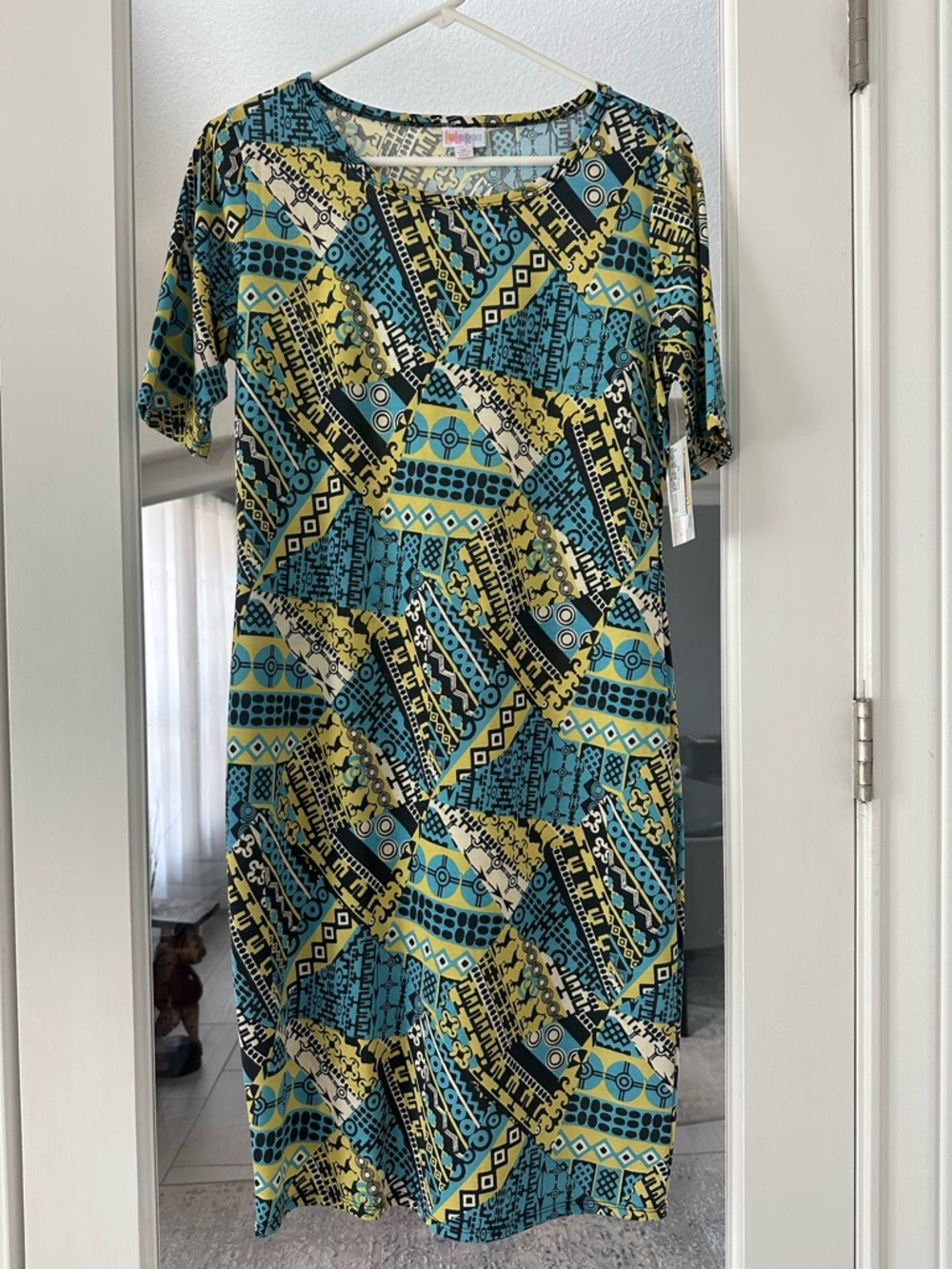 LuLaRoe Geometric Midi Dress - Teal, Yellow & Black